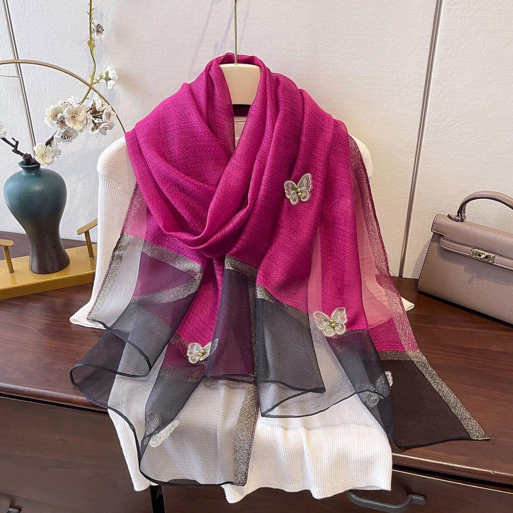 New Butterfly Embroidered Beads Fashionable Scarf for Women's Sun Protection and Windproof Temperament Shawl Thin Imitation Silk Scarf