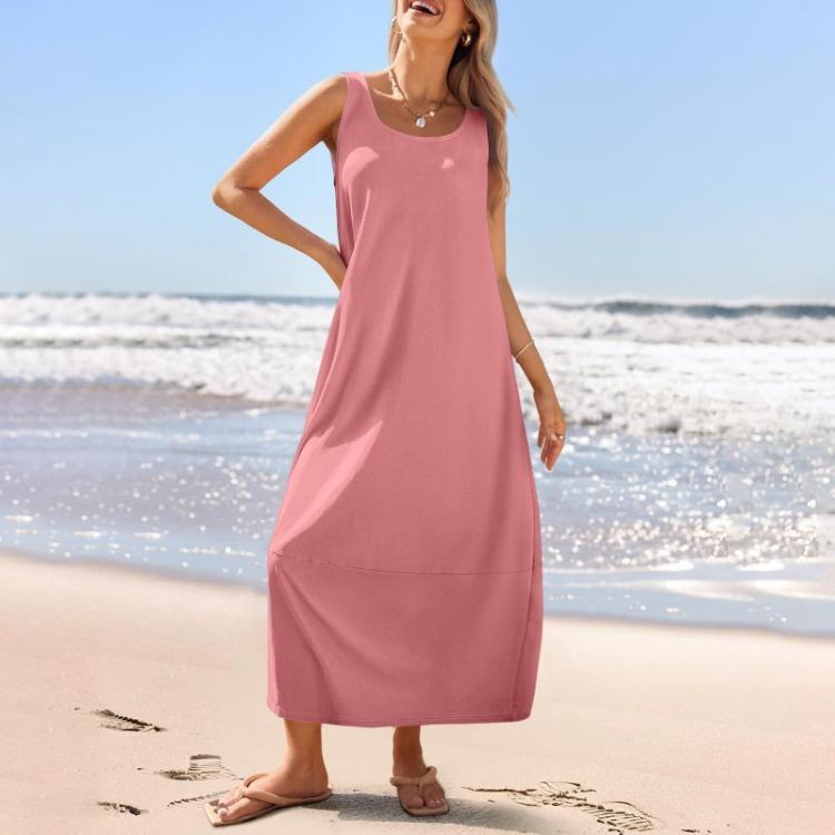 Summer Women's Casual Loose Sleeveless Round Neck Sundress Long Beach Dress