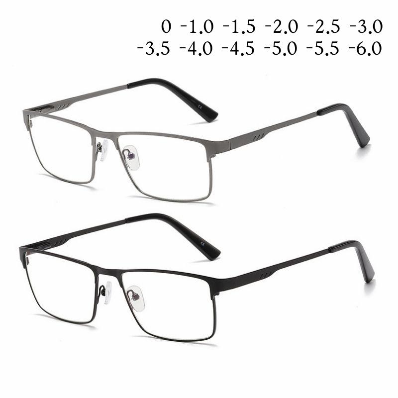 Men Square Metal Frame Myopia Glasses Classic Large Near Sight Eyewear Blue Light Blocking Ultralight Minus Diopter Eyeglasses