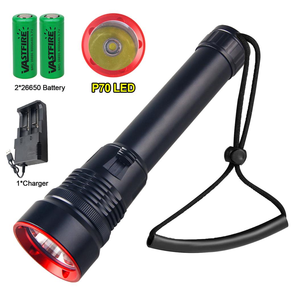 Powerful P70 Diving Flashlight IPX8 Underwater Lamp Professional Scuba Diving Torch 100M High Power LED Flashlights Fishing Lamp