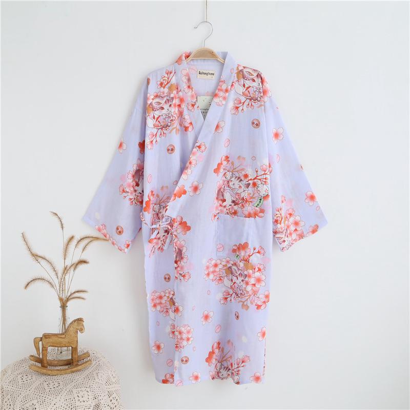 Japanese Kimono Ladies Bathrobe Nightdress Long-sleeved Nightgown Cotton Gauze Summer and Autumn Cute Sweaty Spring Cotton Pajamas