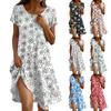 Short Sleeve Boho Dress For Women Casual Loose Fit Sundress Print Round Neck Dress With Pockets