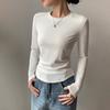 Women Bottom Tops Round Neck Long Shirt Solid Color Soft Slim Fit Base Elastic Pullover