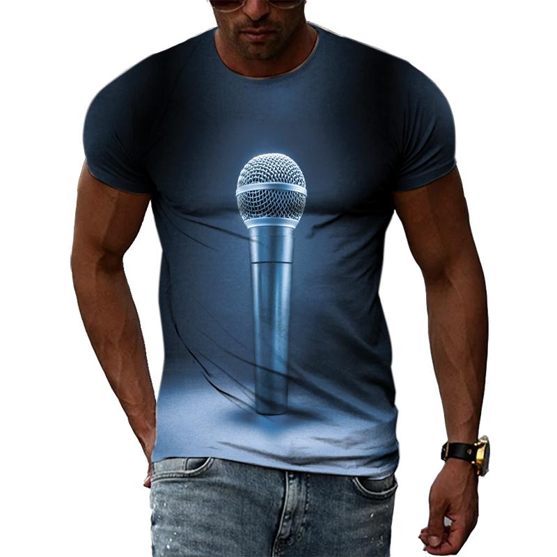 Summer Fashion Music Element Pattern T-shirt Hip-Hop Trend Microphone  Printing Tops Casual Novelty Men's Short Sleeved Clothing
