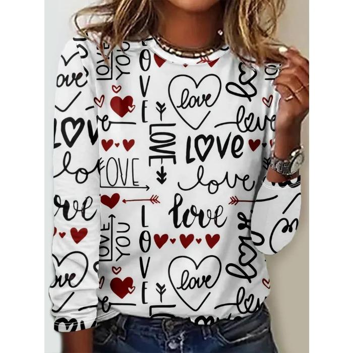 Женские футболки с круглым вырезом и 3D-принтом с узором «Любовь», модные повседневные футболки с длинным рукавом