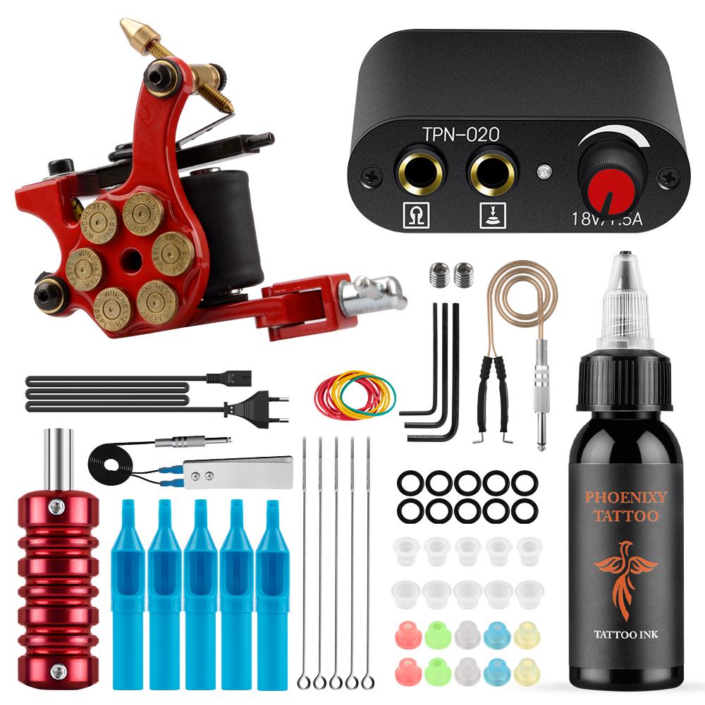 PHOENIXY Starter Tattoo Machines Gun с 30 мл чернилами, пигментом, источником питания для татуировки, традиционные игольчатые ручки для татуировки, инструменты для боди-арта, полный комплект