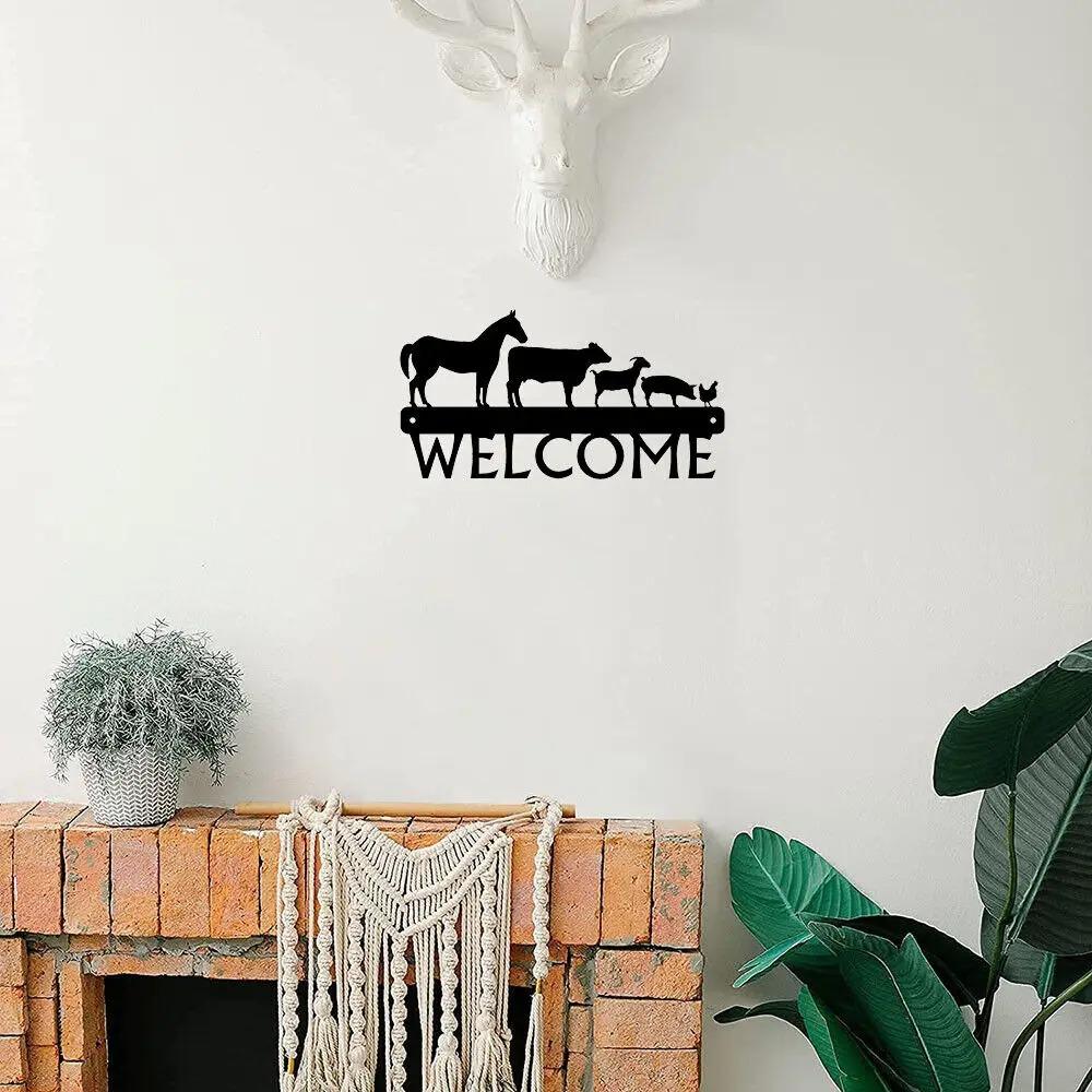 Farm Animals Welcome Sign - 12 Inch Wide Metal Wall Art for Rustic Home Décor, Farmhouse Style, and Outdoor Spaces