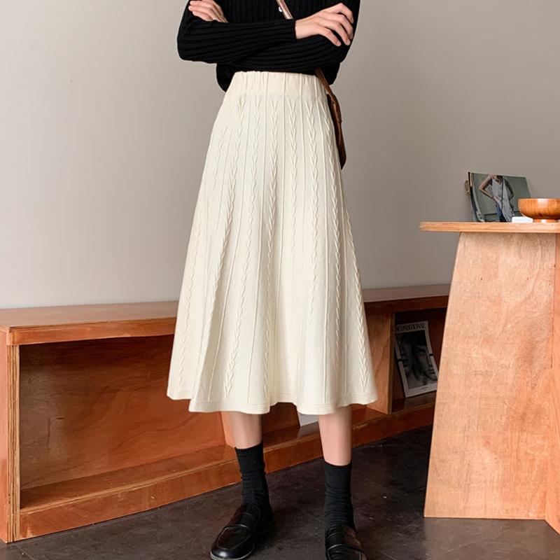 Юбки из толстого трикотажа в рубчик, женские, большие, свободные, повседневные, миди, осенние, элегантные, А-силуэта, плиссированные, абрикосового цвета, длинная трикотажная юбка