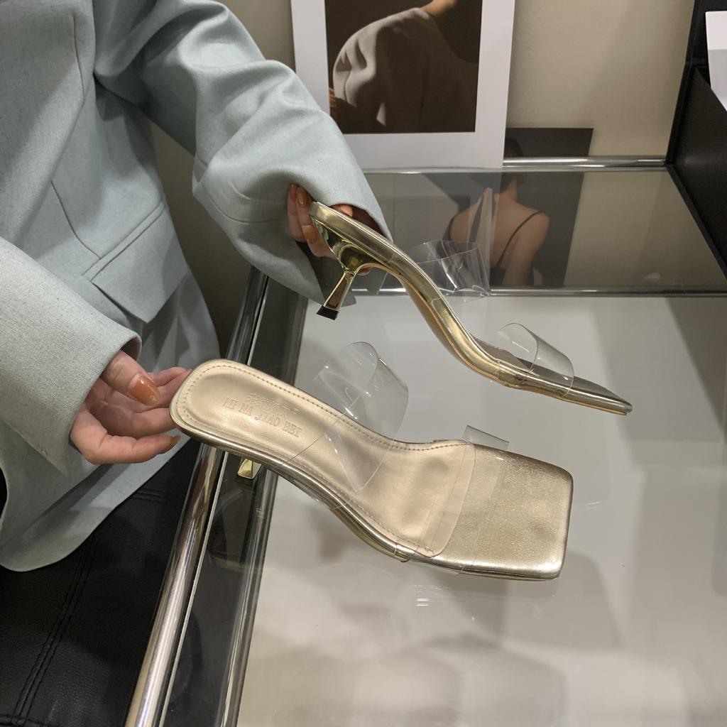 Легкие и стильные прозрачные босоножки на высоком каблуке для женщин, желающих похудеть, лето 2025 года, новые туфли на тонком каблуке средней высоты с квадратным носком