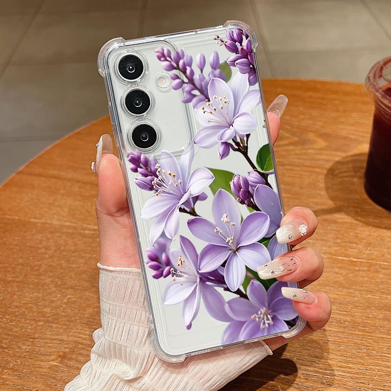 Сине-фиолетовый чехол с цветами для Samsung Galaxy S26 S25 S24 Ultra S23 S22 Plus S21 FE A54 A15 A25 A35 A55 A16 A26 A36 A56 A17 A37 A57 5G Прозрачный мягкий чехол