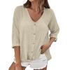 Women's Fashion Casual Solid Color V-Neck Live Button Seven Sleeve T-Shirt Top