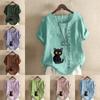 Women's Fashion Cat Prined Round Neck Short Sleeve T-shirt Casual Cotton Linen Graphic Shirt Leisure Loose Summer Blouse Tops