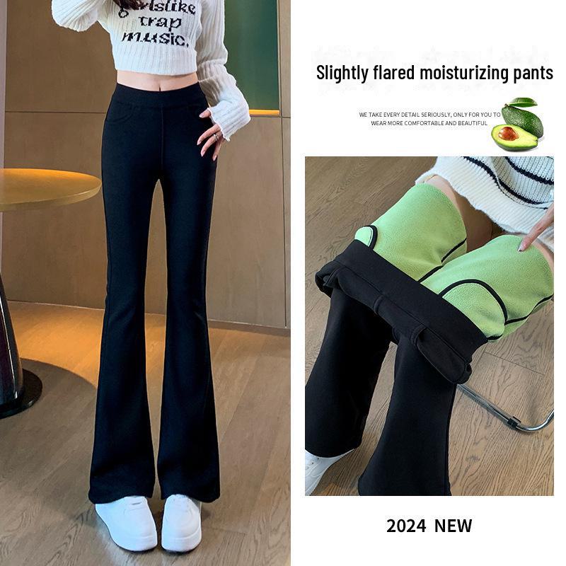 High-Waist Black Plush Flared Pants for Women - Slim-Fitting, Elastic, Avocado Color, Ideal for Autumn/Winter.