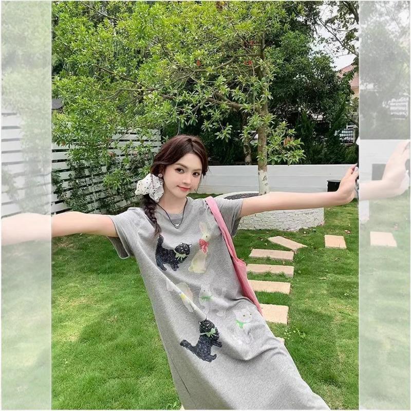 Женское платье-футболка с принтом, летнее свободное повседневное длинное платье для девочек