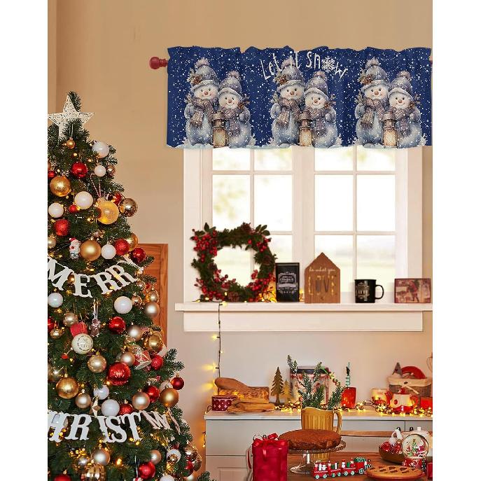 Penguin Winter Snowman Oil Lamp Snowflake Valance Tier Curtain Rod Pocket Valance for Multi-purpose Rooms, 1 Panel, 42x12 Inch, White