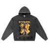 DTG Print Knitted Denim Zip-Up Hoodie Cyber Japanese Brother Print Zipper Hoodies