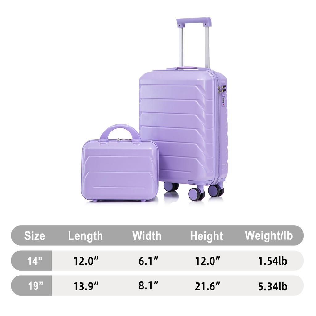 14"/19" 2-piece ABS spinner luggage set with combination lock & 14" cosmetic bag (blue + purple)