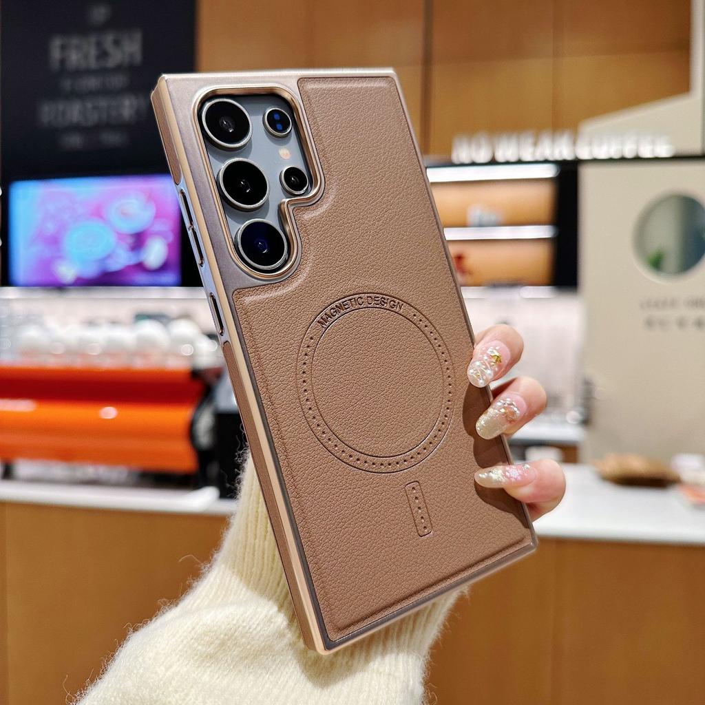 Samsung S25 Ultra Гальванизированный Кожаный Узор Магнитный Чехол для Телефона Samsung S24 Ultra Противоударный и Противоскользящий Чехол с Ощущением Кожи