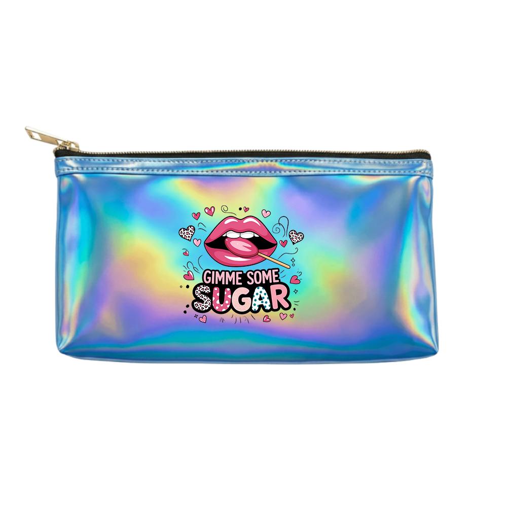 Trendy Pink Lips Lollipop Pattern Laser Cosmetic Makeup Bag,Holographic Travel Toiletry Organizer Pouch for Girls Women Daily Gift