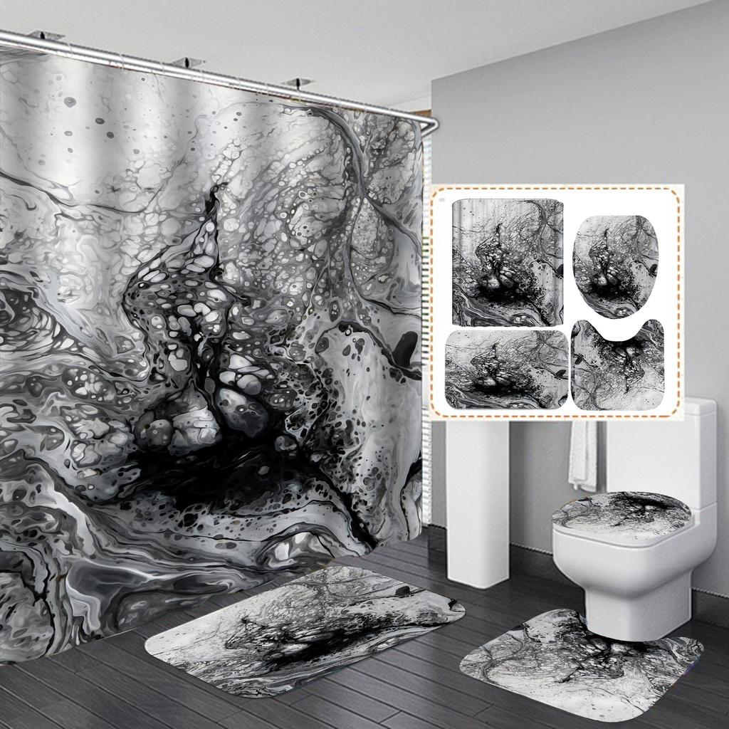 4Pcs Luxury Marble Shower Curtain Sets Bathroom Decor Sets with 12 Hooks Bath Mat Toilet Lid Rug and Non-Slip U Shape Mat