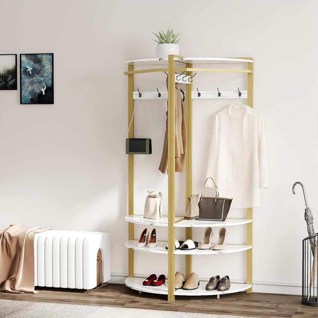 Corner Coat Rack Stand Freestanding Hall Tree with 6 Hooks & 3 Shelves,Entryway Storage for Living Room Entryway