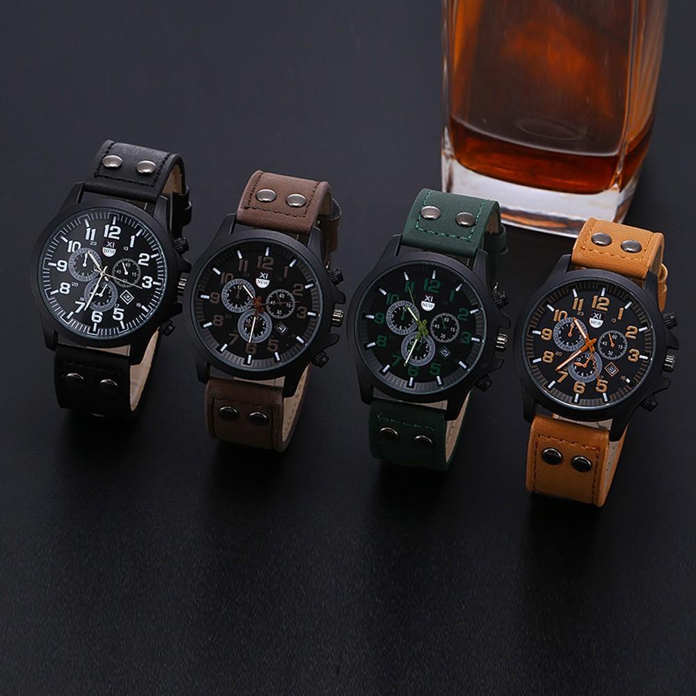 Military Leather Waterproof Date Quartz Analog Men's Quartz Wrist Watches