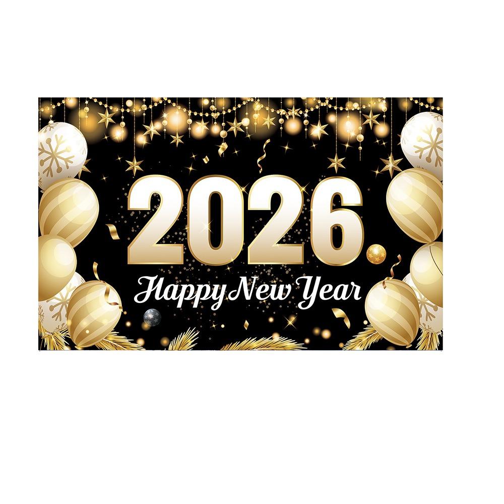 Black Gold 2026 New Year Backdrops Polyester Night Glittering Party Background Colorful Balloon Champagne Photo Background