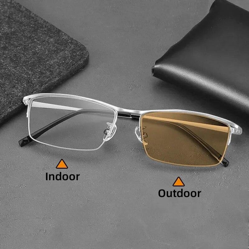 Color Changing Myopia Glasses for Men Anti Blue Light Ultra Light Business Half Frame Men's Glasses Trendy Photochromic Eyewear