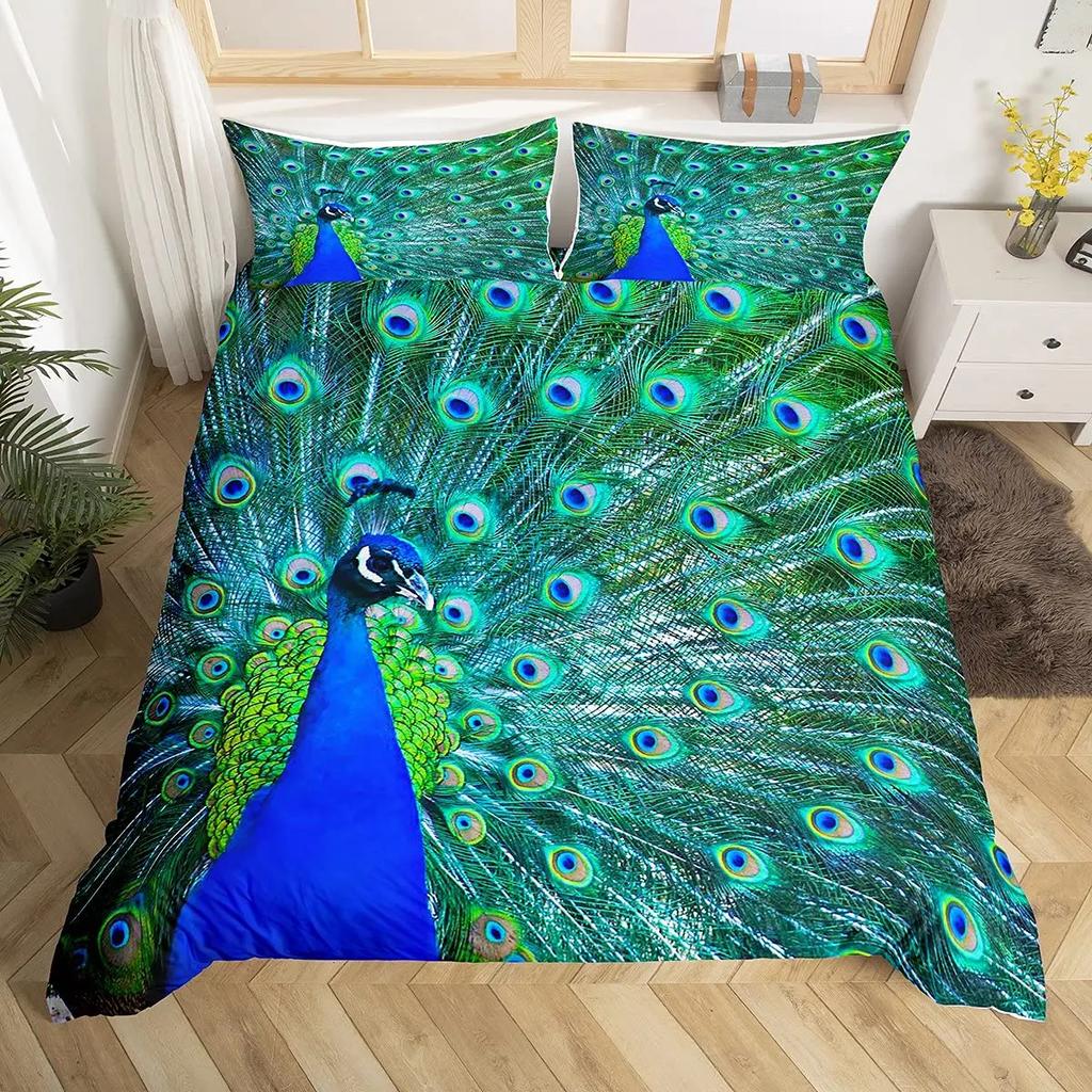 Peacock Duvet Cover Set Elegant Gorgeous Blue Feather Comforter Cover Girls Women Pink Flower Birds Animal Polyester Qulit Cover