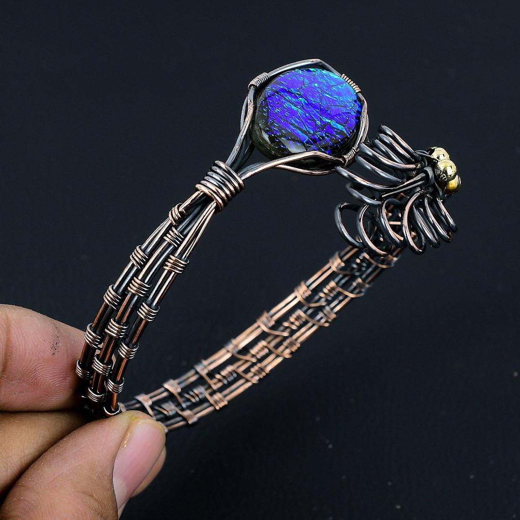 Australian Triplet Opal Bangle 999 Copper Wire Wrapped Cuff Bracelet, Adjustable Bangle Gemstone Jewelry, Gift For Mom Handmade Brand, New Jewelry