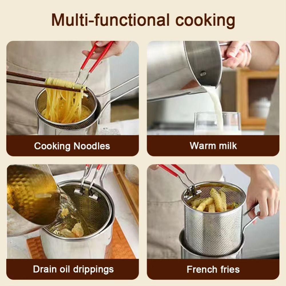 with Lid Deep Fryer with Strainer Stainless Steel Milk Warmer Pot Frying Basket Cooking Tool