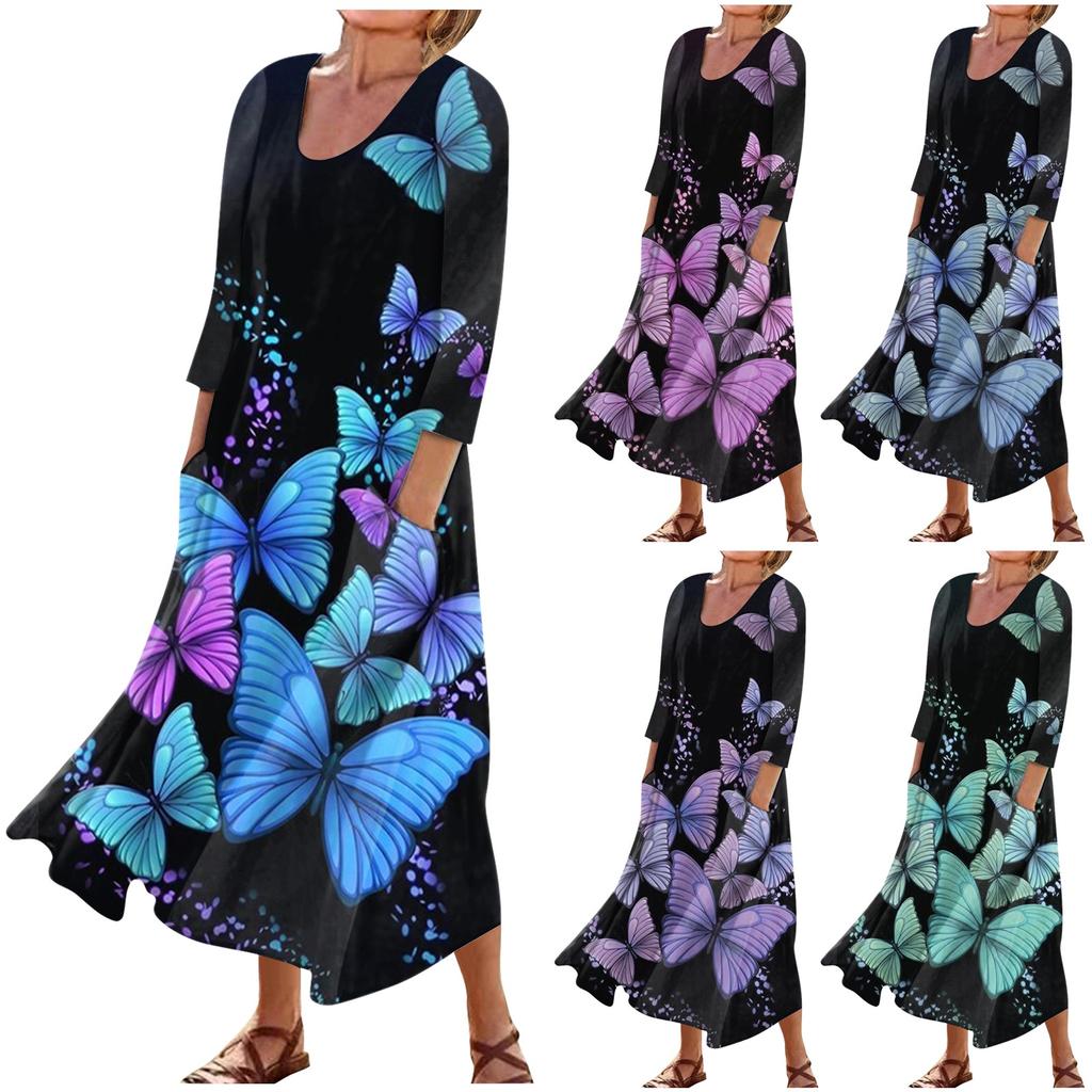 Летнее платье для женщин, повседневное удобное модное платье с карманом и рукавами 3/4 с принтом