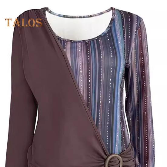 Женские топы с круглым вырезом и длинными рукавами, пуловеры, полосатые принты, повседневная свободная футболка, повседневная одежда