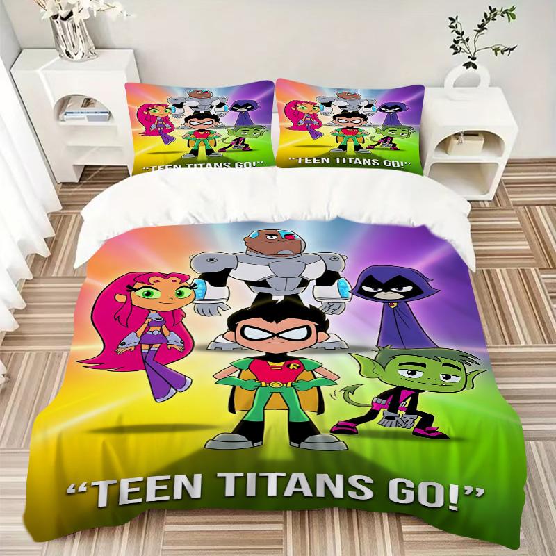 3pcs Teen Titans Go Adventure Bedding Set, Includes One Quilt Cover and Two Pillowcases, Bedroom and Guest Room Decoration. T7230173