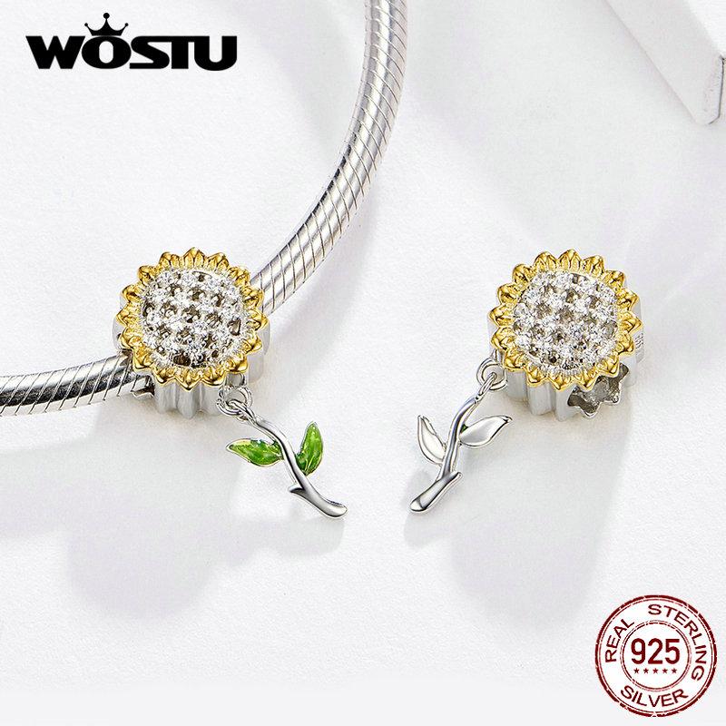 WOSTU Sunflower Charm 925 Sterling Silver Yellow Enamel Beads Fit Original Bracelet Pendant Charms For Jewelry Making CQC1211