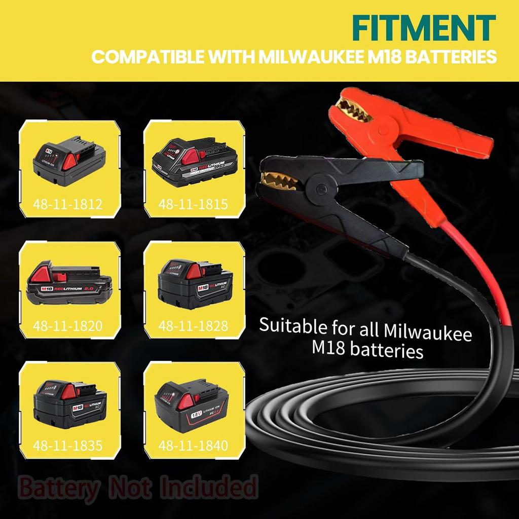 M18 Jumper Cables For Milwaukee 18V Batteries | 2FT 8AWG Booster Cable With Alligator Clips | Jump Start Cars/RVs& Charge Tools | 392°F/200°C
