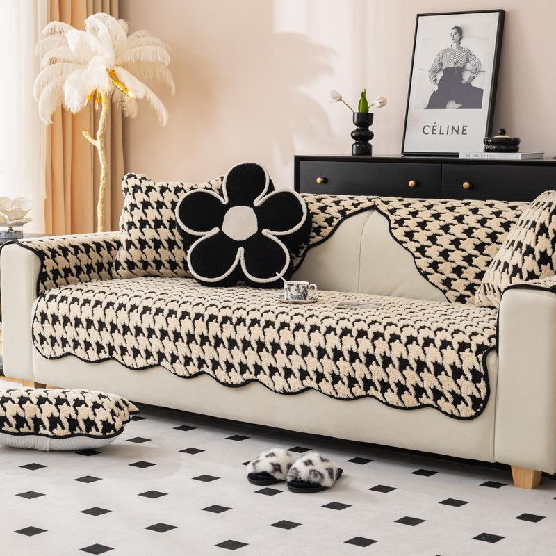 Qianniao Grid Sofa Cushion Comfortable Plush Autumn Winter New Thickened Seat Cushion High-end and Anti Slip Backrest Sofa Cover