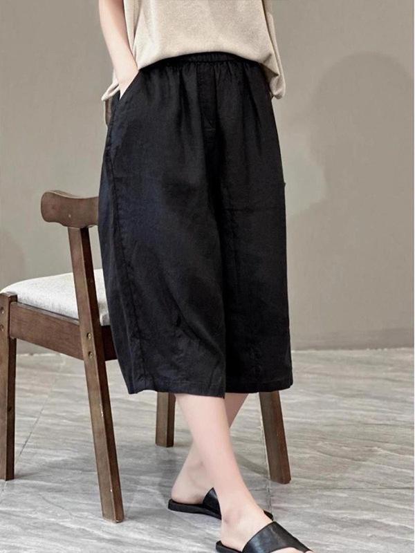 Шикарные летние брюки из хлопка и льна с широкими штанинами для женщин - Омолаживающие, Легкие, Длиной до колена, Прямого кроя, Повседневный стиль