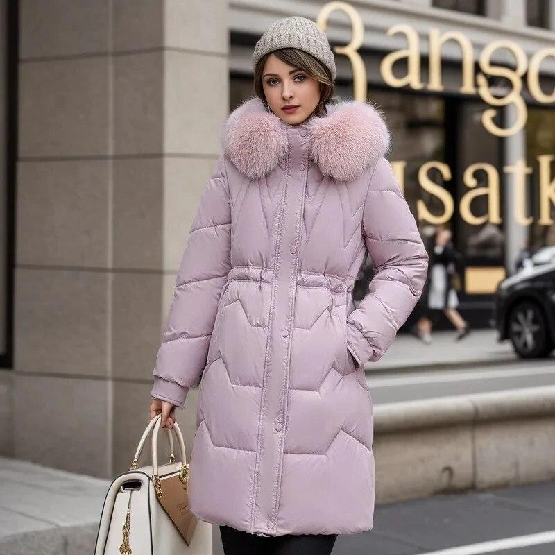Fashion Solid Long Parkas Hooded Drawstring Loose Casual Winter Jackets Women Hooded Fur Collar Down Cotton Outwear
