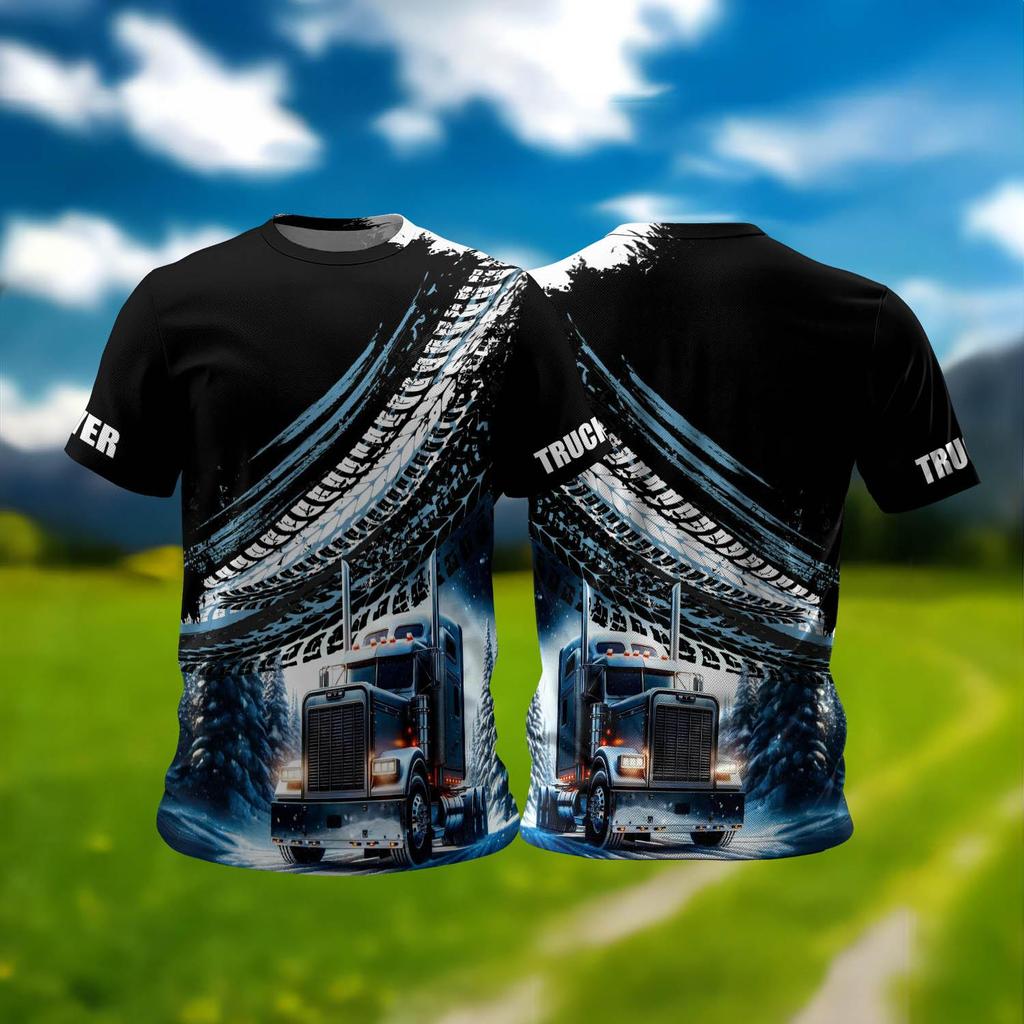 Casual Men's T-Shirt Summer Short Sleeve Tops Driver Truck Pattern Print O-Neck Pullover Oversized Male Clothing Outdoor Tees