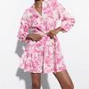 Fashion Pink Print Women'S Dress Elegant Three Quarter Sleeve Lace-Up Dresses Casual New Pleated Mini Dresses Streetwear