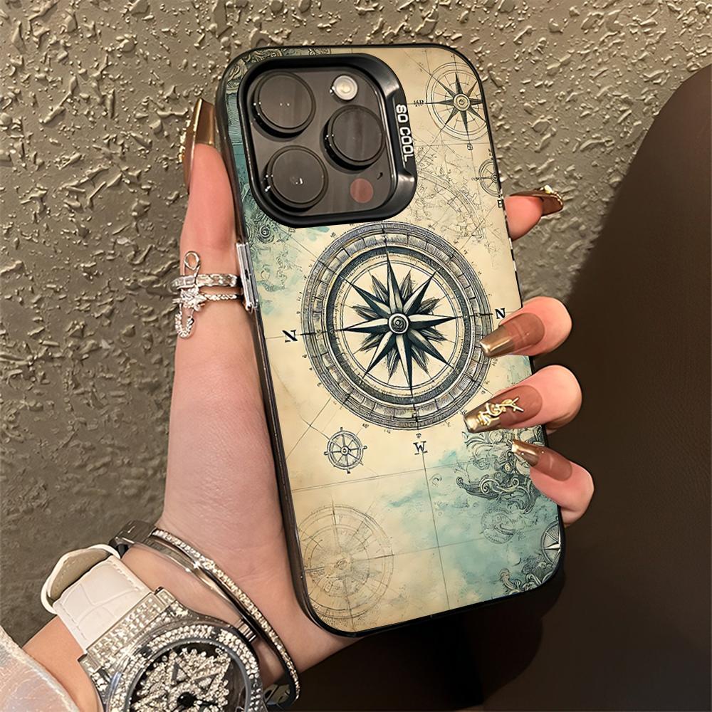 Wood Compass Clock Art Phone Case For iPhone 16,15,14,13,12,11,Pro,Max,Plus,Mini,XS,SE Anti Fall Black Matte Hard Bumper