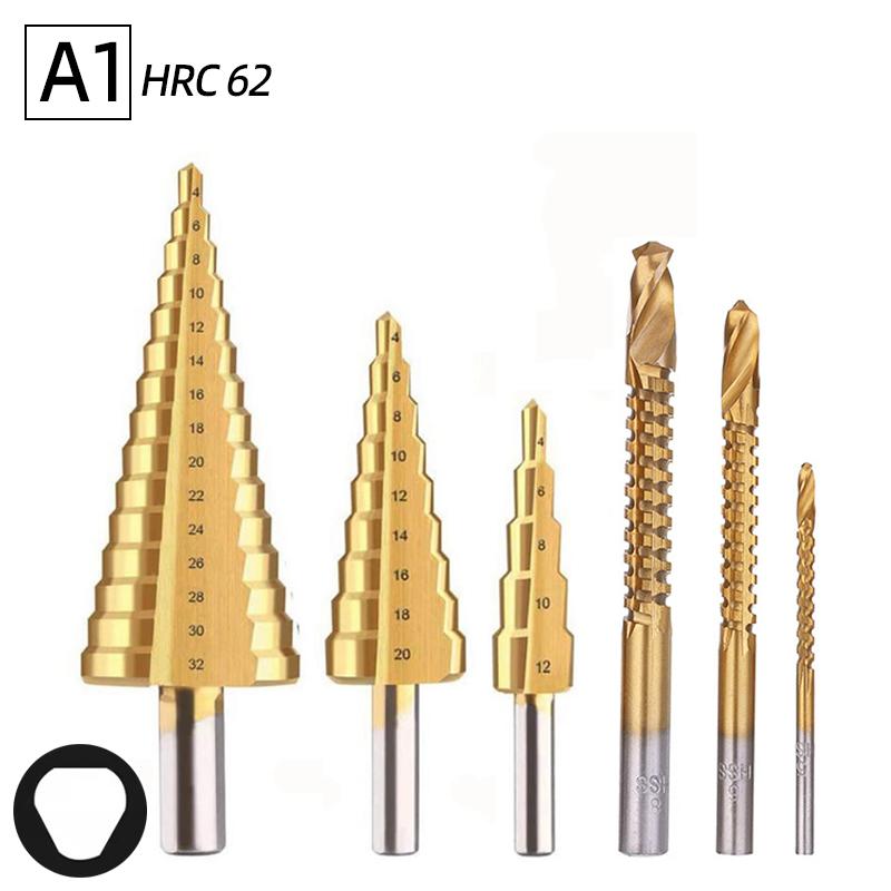 6Pcs HSS Steel Titanium Step Drill Bit Set 4-12/20/32mm Metal Hole Cutter Wood Cone Core Drilling Hole Saw Tool+3,6,8 Saw Drill