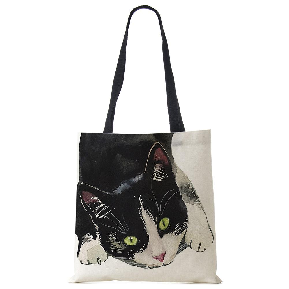 Персонализируйте Милый Акварельный Принт с Кошкой Женские Дизайнерские Холщовые Сумки Тканевые Эко Многоразовые Сумки-Шоперы Сумки на Плечо Школьная Сумка для Книг KTY