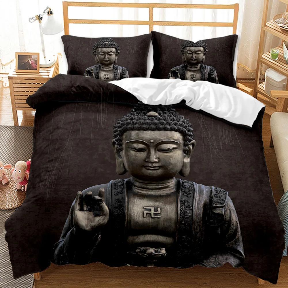 Buddha Statue Duvet Cover Set King/Queen Size,Exotic Golden Buddha Lotus Flowers Comforter Cover Adults Polyester Bedding Set
