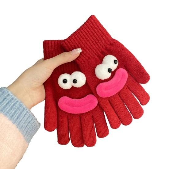 Забавные мультяшные вязаные перчатки, милые перчатки с большими глазами, теплые перчатки, зимние ребристые перчатки с сенсорным экраном для вождения, поездок на работу, езды на велосипеде, повседневных дел