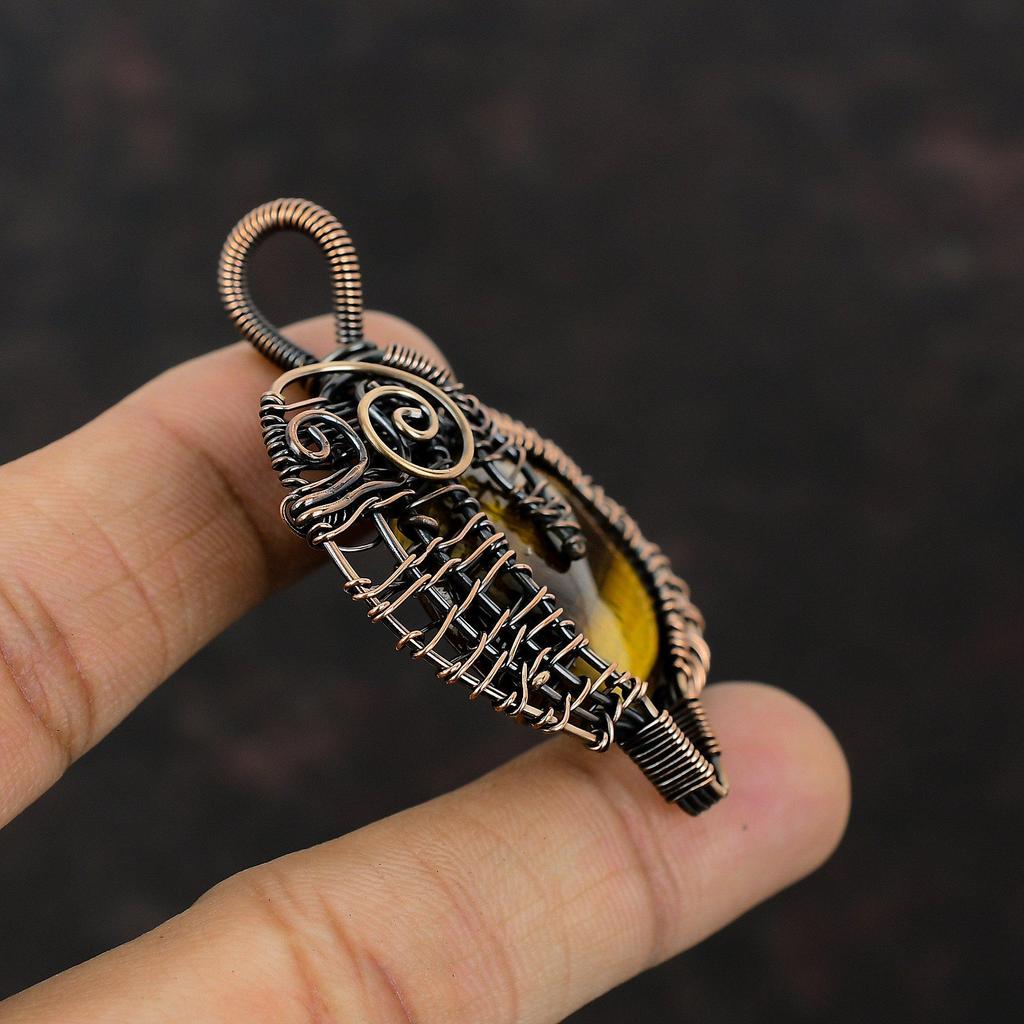 Подвеска из тигрового глаза в медной оправе, обмотанная проволокой, подвеска из натурального драгоценного камня, ювелирное изделие ручной работы, элегантная подвеска, подарок для него, красивые ювелирные изделия из медной проволоки