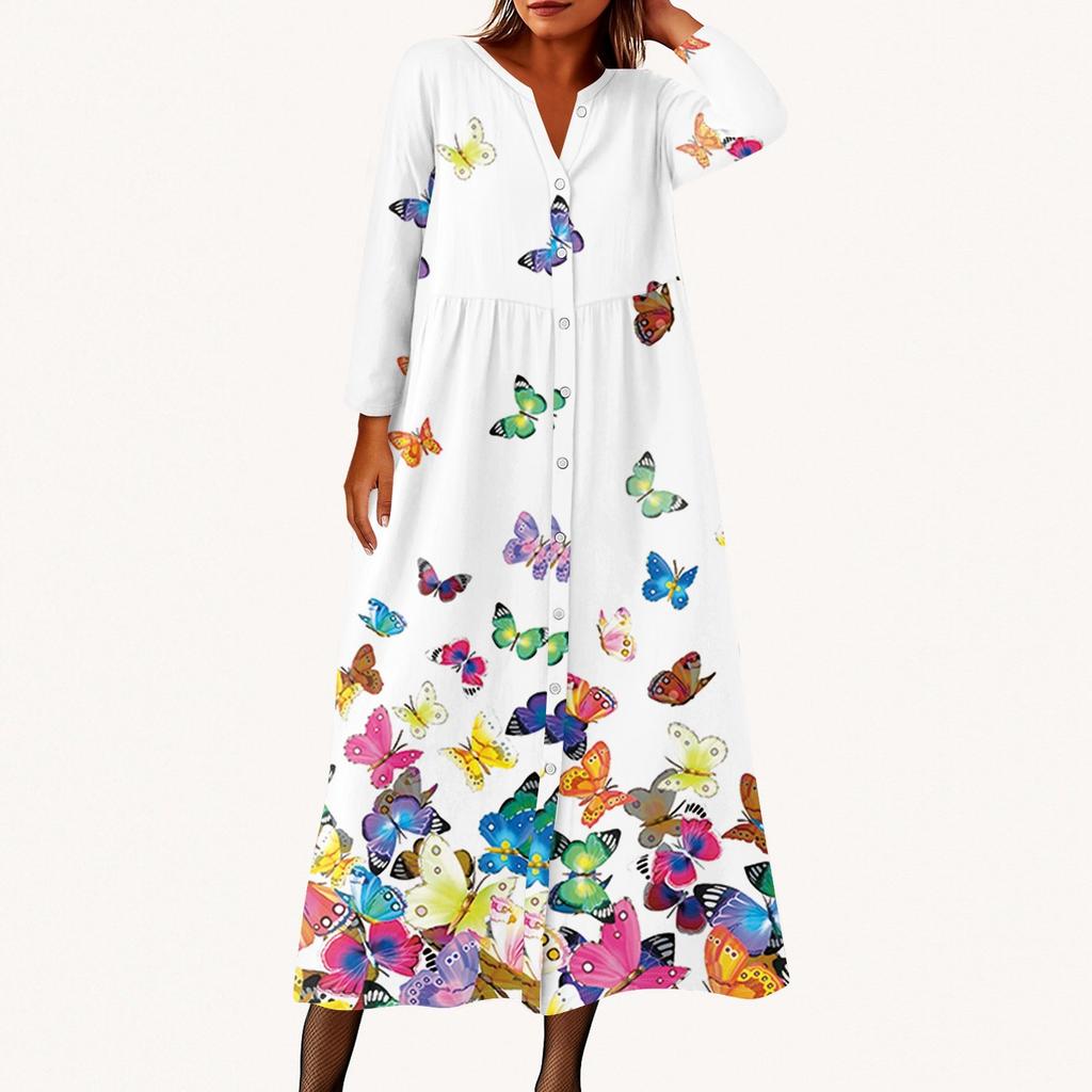 Женское модное платье-рубашка свободного кроя с принтом, круглым вырезом и рукавами семь четвертей на пуговицах