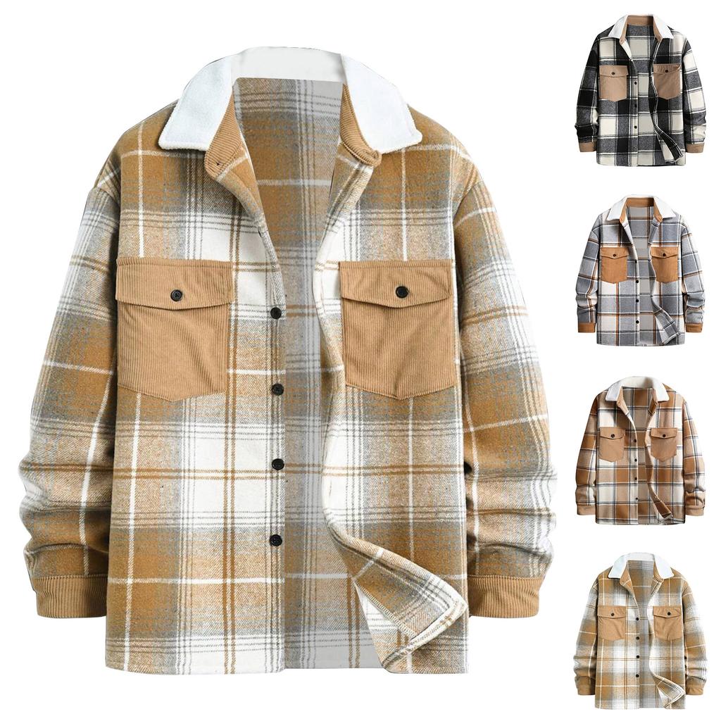 Men's Striped Plaid Casual Loose Button Lapel Long Sleeve Hooded Cardigan Shirt Jacket