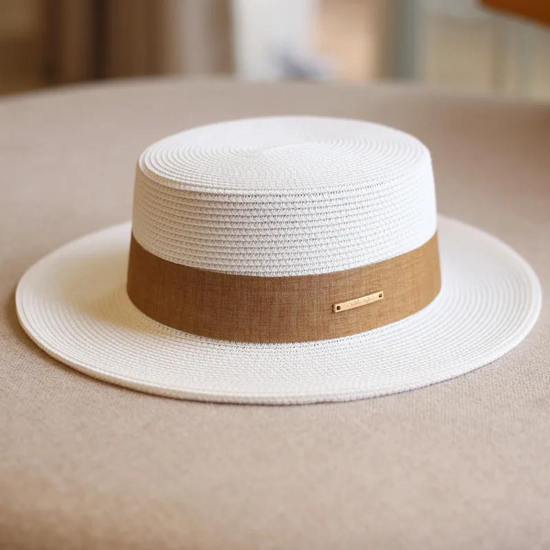 Korean Style Women Summer Straw Hat Wide Brim UV Protection Elegant French Fedora Beach Sun Hat Adjustable for Travel